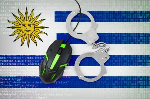 Uruguay flag  and handcuffed computer mouse. Combating computer crime, hacker Stock-Fotos