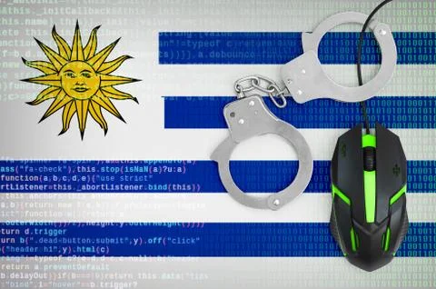 Uruguay flag  and handcuffed computer mouse. Combating computer crime, hacker Stock Photos
