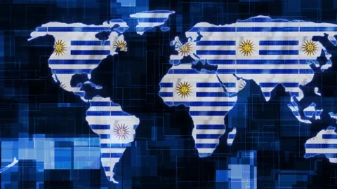 Uruguay flag earth map glowing technology motion news background Stock Footage 264641561