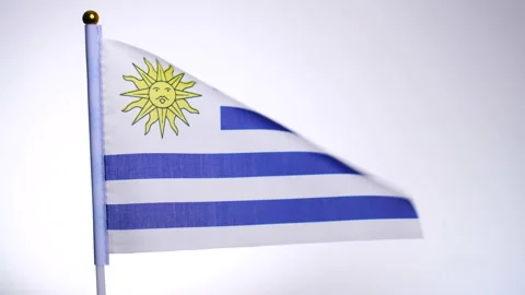 Uruguay flag on flagpole flying and waving in the wind. Stock Footage 124087404