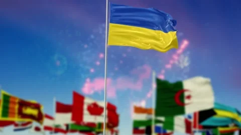 Uruguay Flag With Flags Of The World And Fireworks Moring And Night 3D Rendering Stock-Footage 149960530
