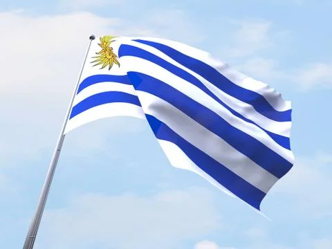 Uruguay flag flying on clear sky. 스톡 일러스트