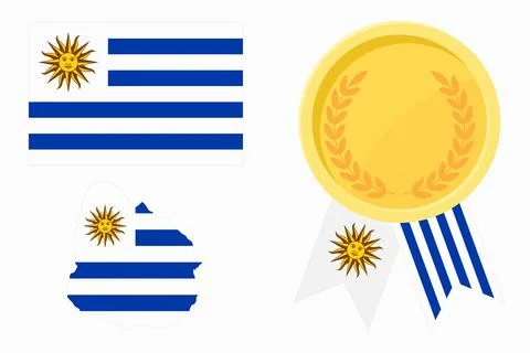 Uruguay flag with map and gold medal in set for web and banners or app and .. Stock Illustration