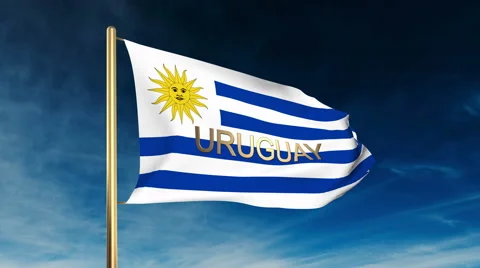Uruguay flag slider style with title. Waving in the wind with cloud background Stock Footage 48636129