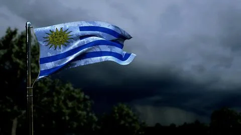 Uruguay flag for state holiday on dark storm cumulus clouds Stock Illustration