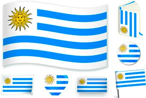 Uruguay flag wave, book, circle, pin, button, heart and sticker. Stock Illustration