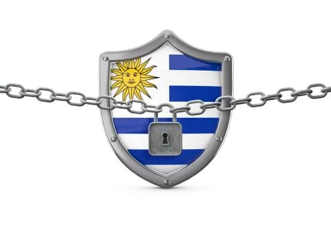 Uruguay lockdown concept. Shield with lock and chain. 3D Render Stock Illustration