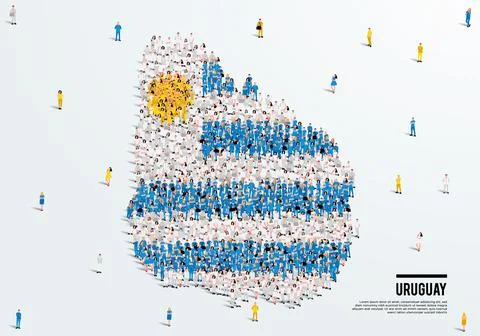 Uruguay Map and Flag. A large group of people in the Uruguay flag color. Stock Illustration