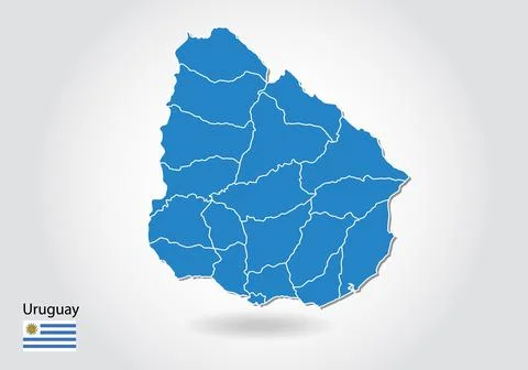 Uruguay map design with 3D style. Blue Uruguay map and National flag. Simple  Stock Illustration