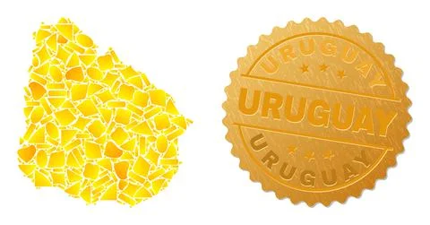 Uruguay Map Mosaic of Gold Elements and Textured Uruguay Seal Stamp Stock Illustration