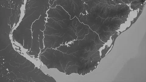 Uruguay outlined on a Grayscale elevation map with lakes and rivers 库存插图