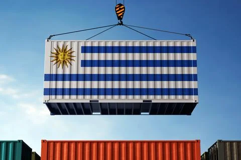Uruguay trade cargo container hanging against clouds background Stock Photos