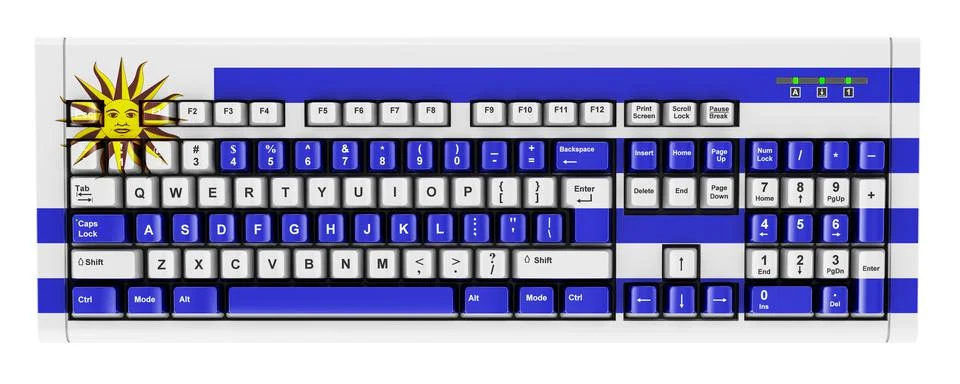 Uruguayan flag painted on computer keyboard. 3D rendering Illustrazione stock
