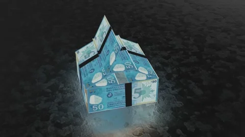 Uruguayan peso notes shaped into a house and bound with black tape Video stock 325657463