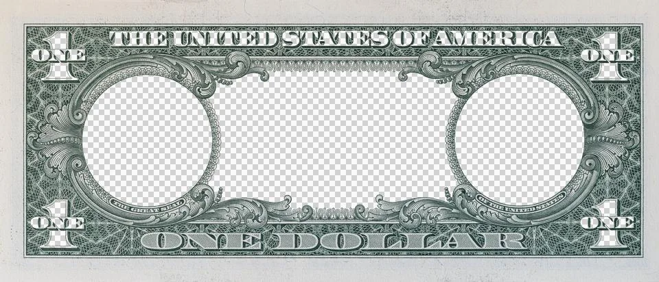 US 1 dollar bill reverse side PNG template with transparent empty frames an.. Stock Illustration