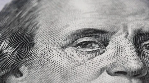 US 100 dollar bill tracking macro. Benjamin Franklin. 4K Video stock 118855957
