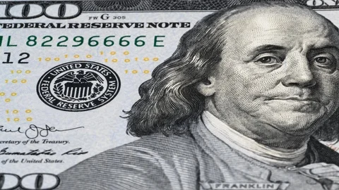 US 100 dollar bill tracking. 100 USD. Slider shot. Low angle, macro. 4K Stock Footage 125184134