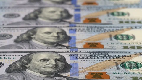 US 100 dollar bills close up tracking. Dolly shot, low angle. 4K, 422 10 bit Stock-Footage 125449216