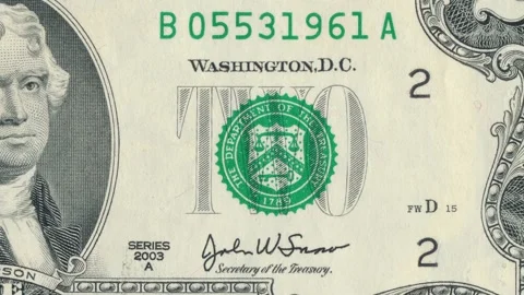 US $2 Bill Elements: Jefferson Portrait, Serial Number, and Federal Reserve.. Stock Footage 299261126