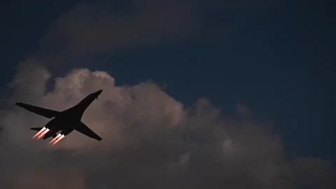 U.S. Air Force B-1B Lancer aircraft flying with full re-heat 動画素材 233255948