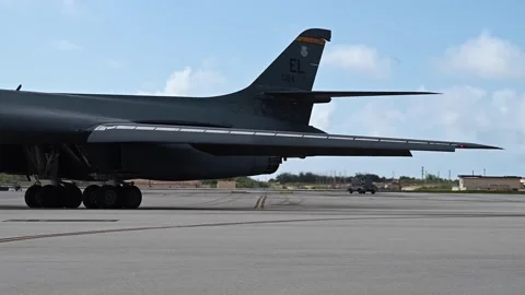 U.S. Air Force B-1B Lancer aircraft turning on flightline Stock Footage 277571648