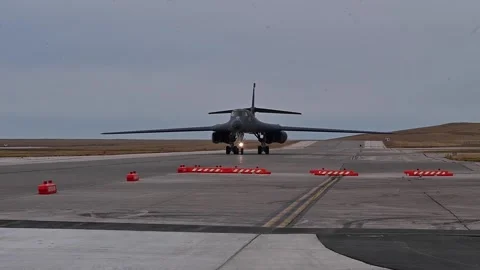 U.S. Air Force B-1B Lancer taxiing after touchdown Stock Footage 292972296