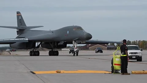 U.S. Air Force B-1B Lancer turning at Grand Forks Air Force Base, North Dakota Stock Footage 294335515
