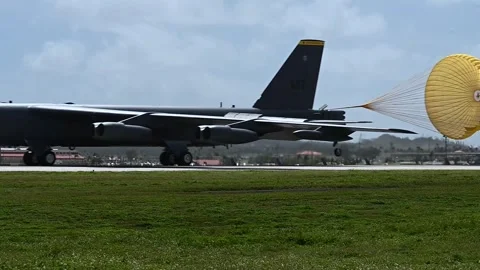 U.S. Air Force B-52 Stratofortress taxiing with drogue parachute Video stock 263887186