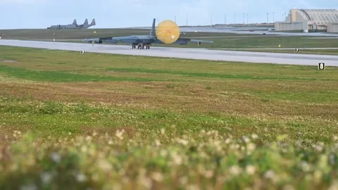 U.S. Air Force B-52H Stratofortress taxiing with drogue parachute after landing Stock Footage 264577809