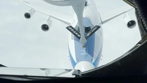 U.S. Air Force Boeing E-4B aircraft in-flight refueling with KC-135 Stratotanker Stock Footage 277401099