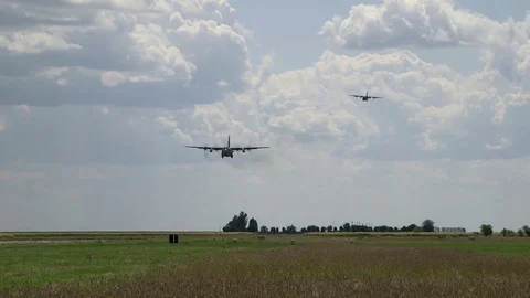U.S. Air Force C-130 Hercules landing at Boboc Air Base, Romania Stock Footage 114059946