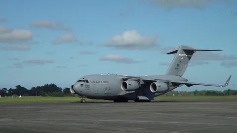 U.S. Air Force C-17 Globemaster III taxiing on runway - 2017 Stock Footage 85304355