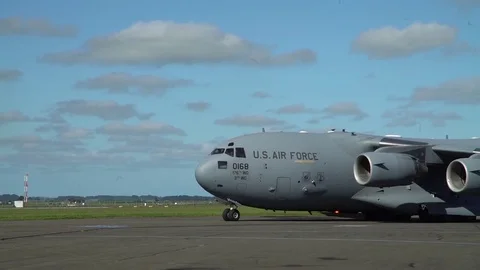U.S. Air Force C-17 Globemaster III taxiing on runway - 2017 Stock Footage 85304366