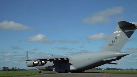 U.S. Air Force C-17 Globemaster III parked on runway in RNZAF Base Ohakea - 2017 Stock Footage 85304374