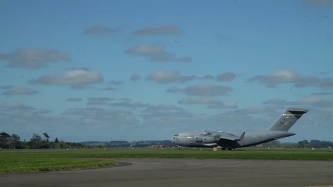 U.S. Air Force C-17 Globemaster III take off from runway - 2017 Stock Footage 85304389
