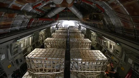 U.S. Air Force C-17 Globemaster III fully loaded with pallets of explosives Stock Footage 256895771