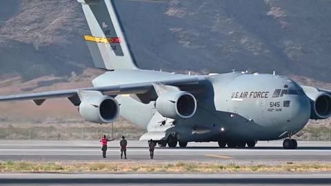 U.S. Air Force C-17 Globemaster taxiing at Nellis AFB, Nevada Stock Footage 276829998