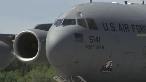 U.S. Air Force C-17 Globemaster taxiing at Kennedy Space Center, Florida Stock Footage 281840399