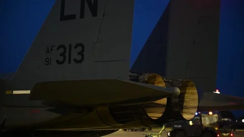 U.S. Air Force F-15 Eagle exhaust nozzle pre-flight checks Stock Footage 254780147