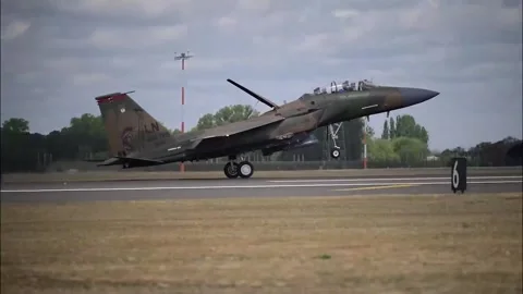 U.S. Air Force F-15 Strike Eagle lands at RAF Lakenheath Stock Footage 334652716