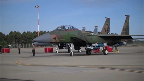 U.S. Air Force F-15 Strike Eagle taxis at RAF Lakenheath Stock Footage 334652720