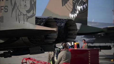 U.S. Air Force F-15E Strike Eagle undergoes pre-flight exhaust check Stock Footage 334652686