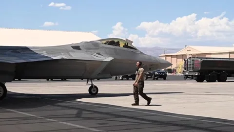 U.S. Air Force F-22 Raptor exiting hanga... | Stock Video | Pond5