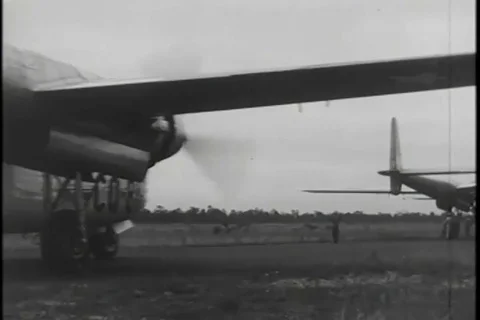 U.S. Air Force Fairchild C-82 Packet aircrafts taxiing on runway - 1948 Video stock 92804841