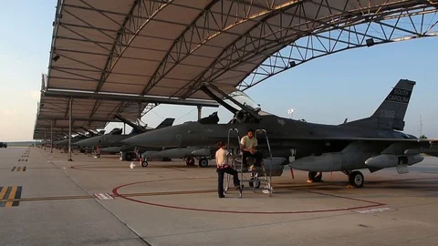 U.S. Air Force fighter pilots launch F-16 Fighting Falcon fighter jets - 2018 Stock Footage 98961729