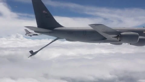 U.S. Air Force KC-135 Stratotanker flying with Thunderbirds demonstration team Video stock 257552998