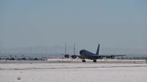 U.S. Air Force KC-135 Stratotanker taking off from Nellis AFB, Nevada Stock Footage 276829732
