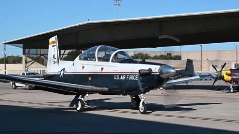 U.S. Air Force T-6 Texan II pilot testing brakes during taxiing Stock Footage 289190258