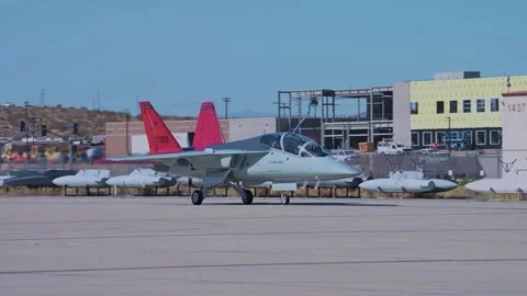 U.S. Air Force T-7A Red Hawk aircraft taxiing on arrival at Edwards AFB  Stock Footage 255372896