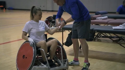 U.S. Air Force Warrior Games wheelchair rugby team hold practice game Stock Footage 106561025